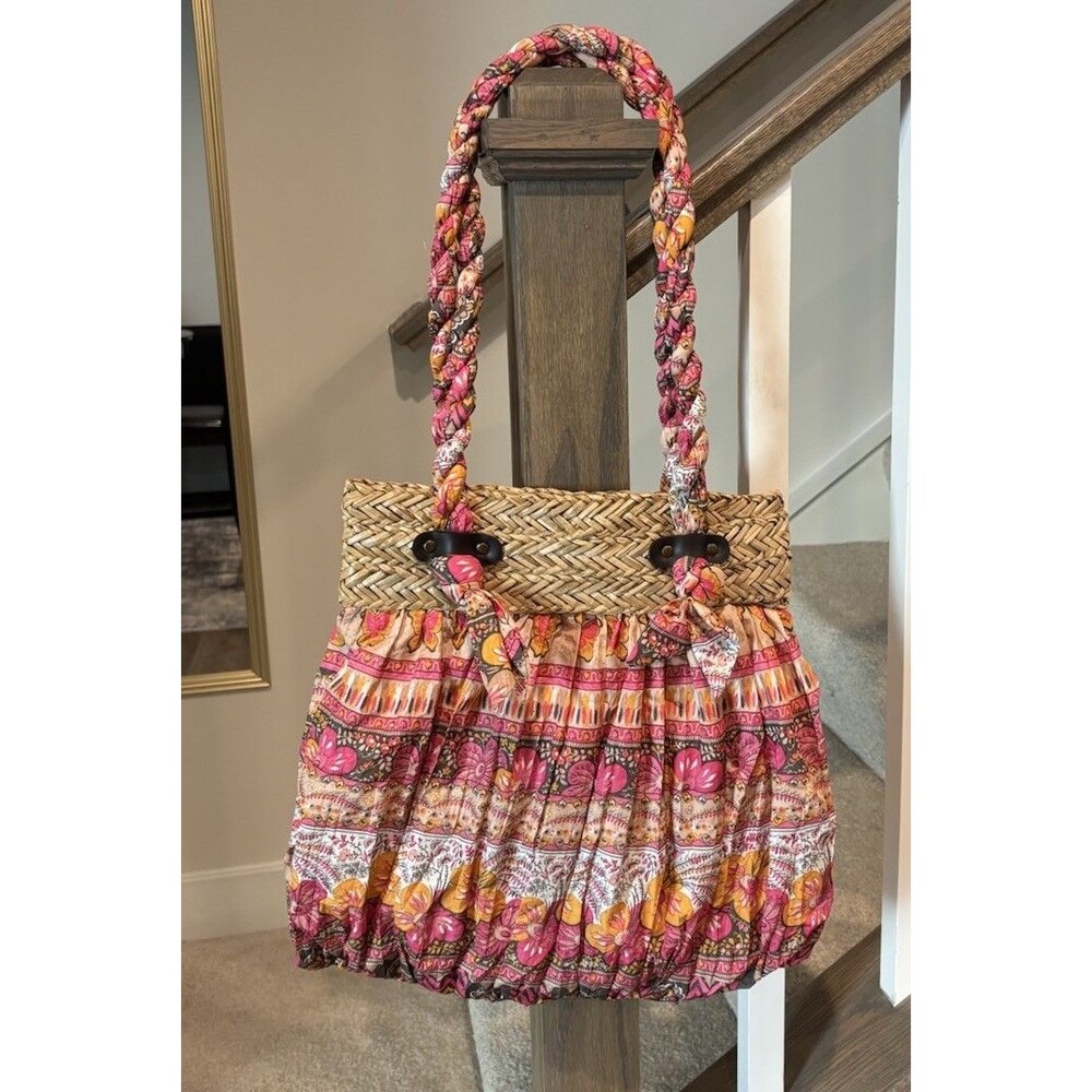 Cappelli Straworld Boho Straw Fabric Tote Bag Floral Pink Orange Tan